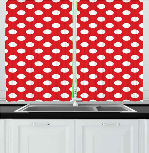 Ambesonne Retro Kitchen Curtains, 50s 60s Iconic Pop Art Style Big White Polka Dots Picnic Vintage Old Theme Image, Window Drapes 2 Panel Set for Kitchen Cafe Decor, 55" x 30", Vermilion White