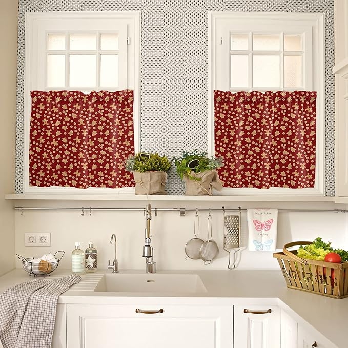 Christmas Valance Kitchen Curtains Set,Red Merry Christmas Gingerbread Man Cookies Window Treatments Tiers,Winter Holiday Decor Short Window Curtain Panels for Bedroom/ Living Room,54x36 in,3-Piece