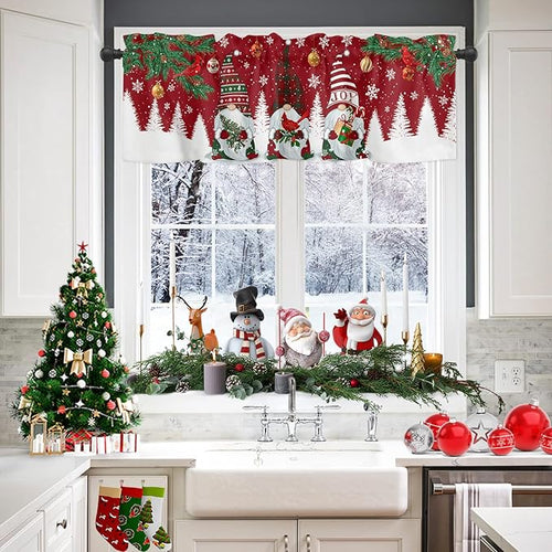 Christmas Gnomes Valance Kitchen Curtains for Windows, Red Winter Holidays Rod Pocket Valances Window Treatments White Snowflakes Xmas Trees Short Curtains For Bedroom/ Living Room, 54" X 18" -1 Panel