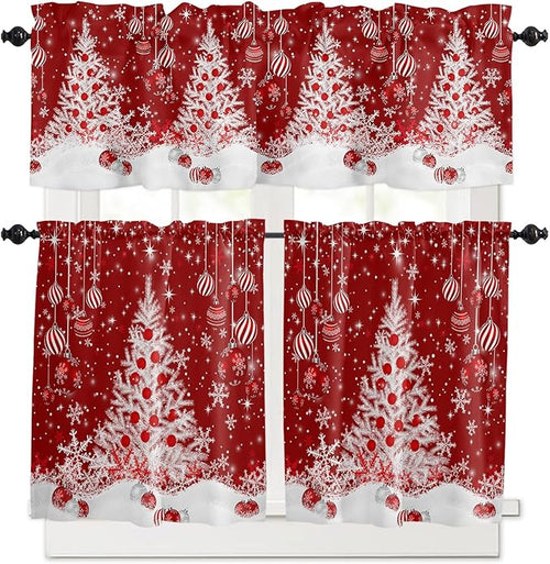 Red Christmas Kitchen Curtains and Valances Set, White Xmas Tree Snowflakes Red Balls Windows Treatments Tiers Half/Short Curtains for Small Windows Cafe /Living Room/ Bedroom 54x36 in Winter