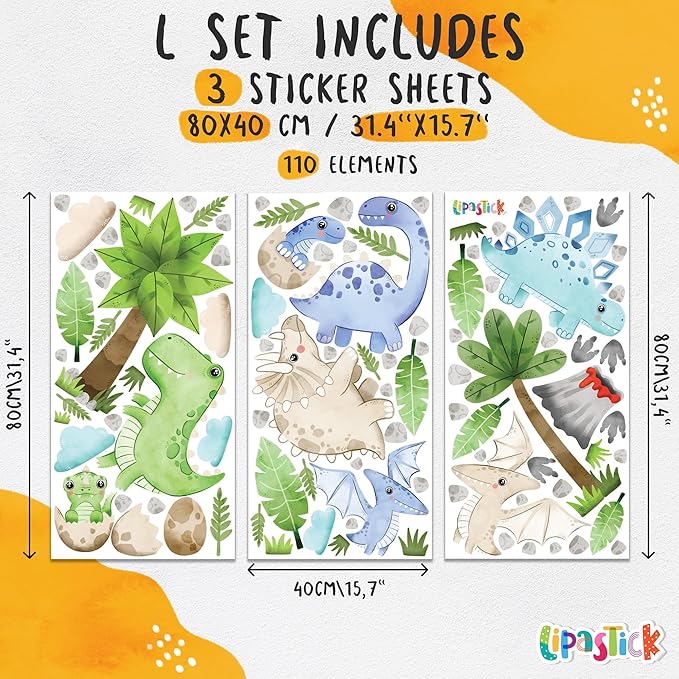 Large Dinosaur Wall Decals by Lipastick - 110 pcs Watercolour Dinosaur Kids Wall Stickers - Dinosaur Footprints Silhouettes Decals for Walls β Peel and Stick Decal for Kids Bedroom Nursery L Size