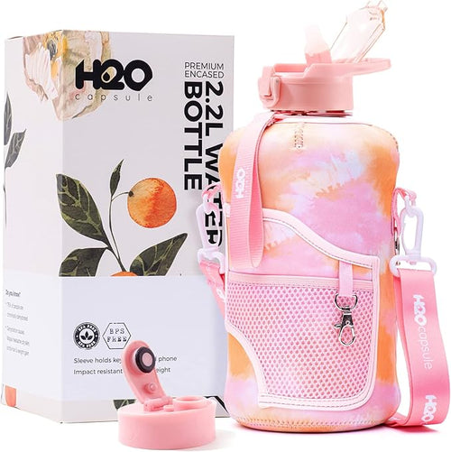 H2O Capsule 2.2L Half Gallon Water Bottle with Storage Sleeve and Removable Straw – BPA Free Large Reusable Drink Container with Handle - Big Sports Jug, 2.2 Liter (74 Ounce), Warm TieDye