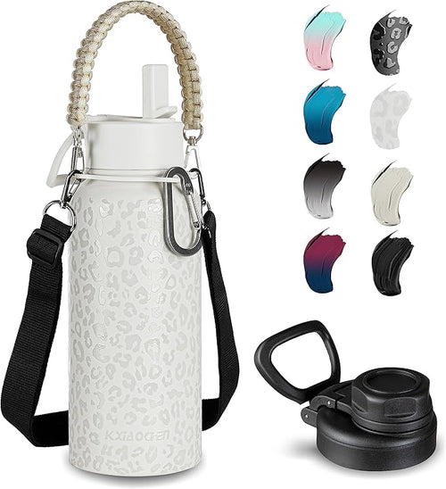 32oz Insulated Water Bottle with Paracord Handles & Strap, 2 Lids(Straw Lid&Spout Lid), Stainless Steel Reusable Wide Mouth Metal Water Bottle With Straw, Double Walled, Thermo Mug,(White Leoqard)