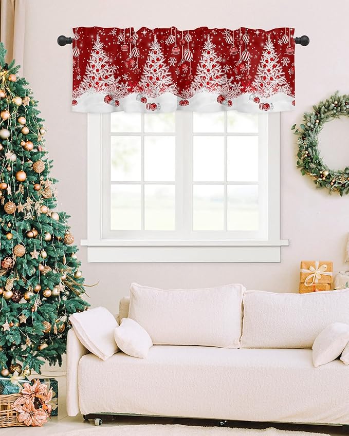 Red Christmas Valance Curtains for Kitchen Windows White Xmas Tree Snowflakes Red Balls Rod Pocket Window Treatment Toppers for Kitchen/Living Room/Bedroom/Bathroom, 54" X 18", Winter