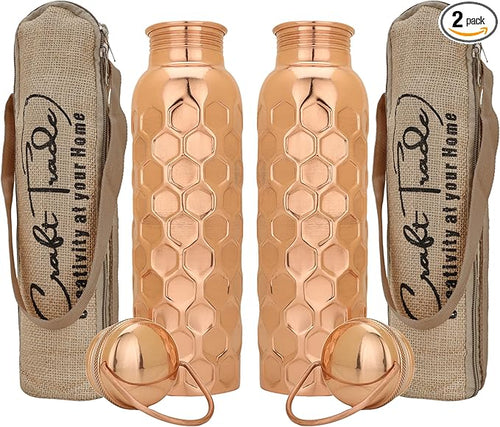Craft Trade Copper Ayurveda Copper Water Bottle for Drinking 34 oz Set Of 2 Antique Diamond Pure Bottle with Handle Travel Bottle for Gym, Office, Hiking, Outdoor Ayurvedic Hammered Water Vessel
