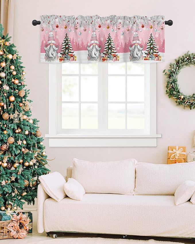 Christmas Gnome Valance Curtains for Kitchen Windows Winter Merry Christmas Tree Balls Rod Pocket Window Treatment Toppers for Kitchen/Living Room/Bedroom/Bathroom, 54" X 18", Pink