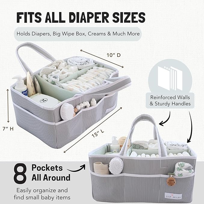 Lily Miles Baby Diaper Caddy - Large Organizer Tote Bag for Baby essentials Boy or Girl - Baby Shower Basket - Nursery Must Haves - Registry Favorites - Newborn Caddie Car Travel
