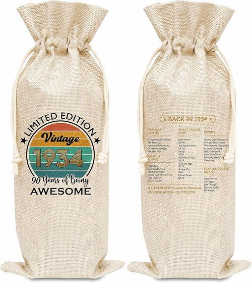 Disfuco 90th Birthday Wine Gift Bag, 1934 Birthday Gift Wine Bag, Burlap Wine Bottle Cover Bag For Women Men, Friends, Daughter, Son, Newphew, Niece, 1 Pc (B08)