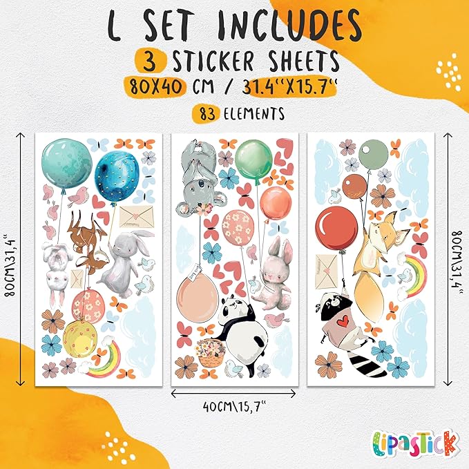Hot Air Balloon Wall Decals for Kids by Lipastick β 83 pcs Cartoon Animals Wall Decals for Girls Boys Kids Baby - Animal Wall Stickers for Nursery Room Bedroom - Raccoon Fox Koala Panda L Size
