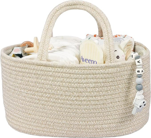 Baby Diaper Caddy Organizer for Girl Boy Cotton Rope Nursery Storage Bin Basket Portable Holder Tote Bag for Changing Table Car Travel Baby Shower Gifts Newborn Registry Must Have Items oatmeal