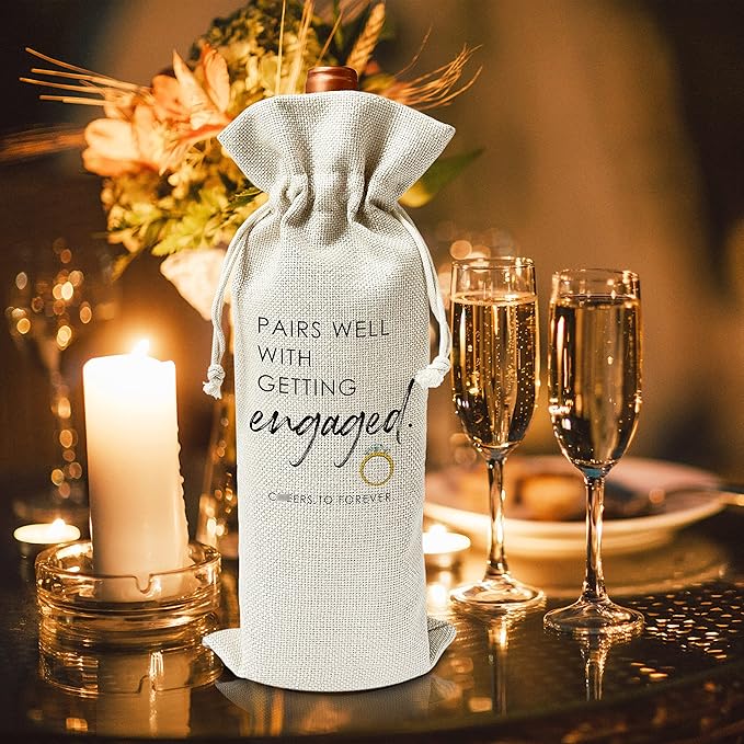 Engagement Wine Gift Bags - Engagement Gift for Couples, Gift for her, Bride Gift - Reusable Burlap With Drawstring Gift Bag (5.5"x 13.5")-1 Pcs/jiu022
