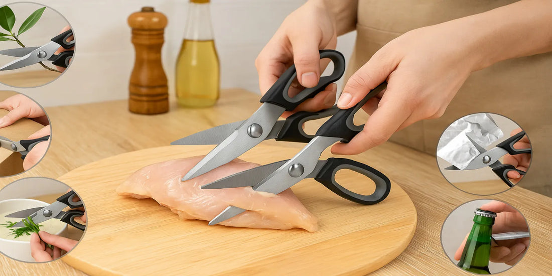 A collage of kitchen scissors cutting raw chicken, trimming plants, slicing cardboard, chopping herbs, cutting foil, and opening a bottle.