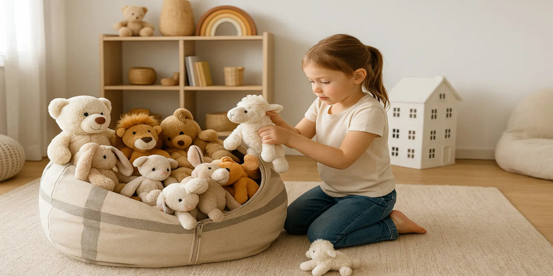 Young girl organizing plush toys into a beige striped storage bean bag in a bright playroom with shelves and a white dollhouse.