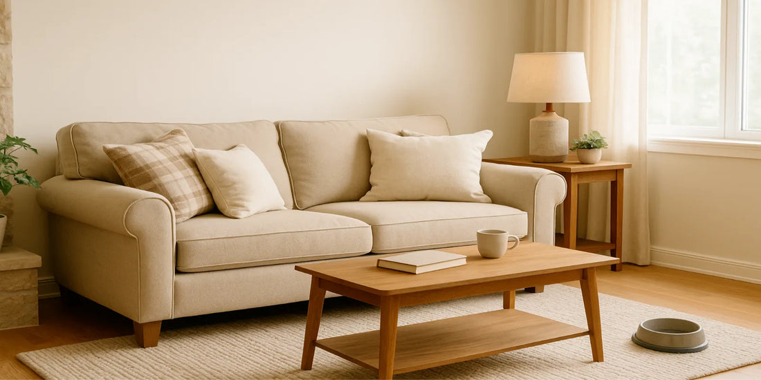 Cozy living room with beige sofa, soft pillows, wooden coffee table, warm lighting, and plants, creating a safe and senior-friendly space.