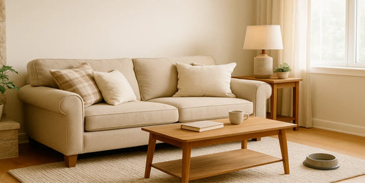Cozy living room with beige sofa, soft pillows, wooden coffee table, warm lighting, and plants, creating a safe and senior-friendly space.