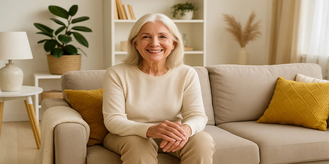 Smiling senior woman sitting on a beige sofa in a bright living room with plants, cushions, and warm decor, showcasing safe and comfortable home design.