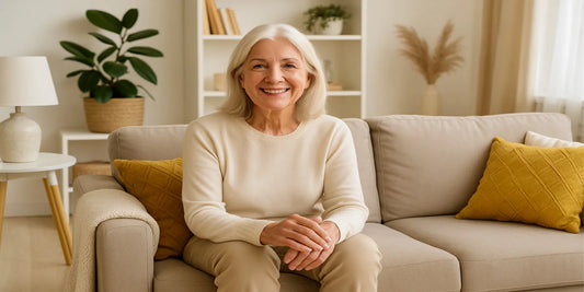 Smiling senior woman sitting on a beige sofa in a bright living room with plants, cushions, and warm decor, showcasing safe and comfortable home design.