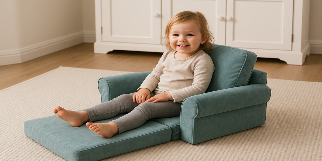Smiling toddler sitting on a teal convertible kids chair sofa with extended footrest in a bright cozy room with soft carpet and cabinet.