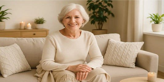 Smiling elderly woman with short white hair sitting on a beige sofa, surrounded by pillows, plants, and candles in a cozy living room.
