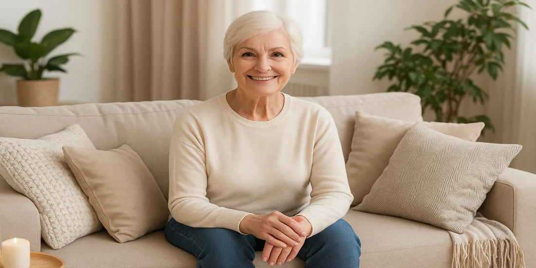 Smiling elderly woman sitting on a beige sofa with cozy pillows and plants, in a bright living room filled with natural light.