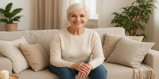 Smiling elderly woman sitting on a beige sofa with cozy pillows and plants, in a bright living room filled with natural light.