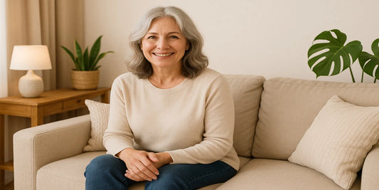 A smiling middle-aged woman with silver hair sits on a beige sofa in a cozy living room with plants, pillows, and warm lighting.
