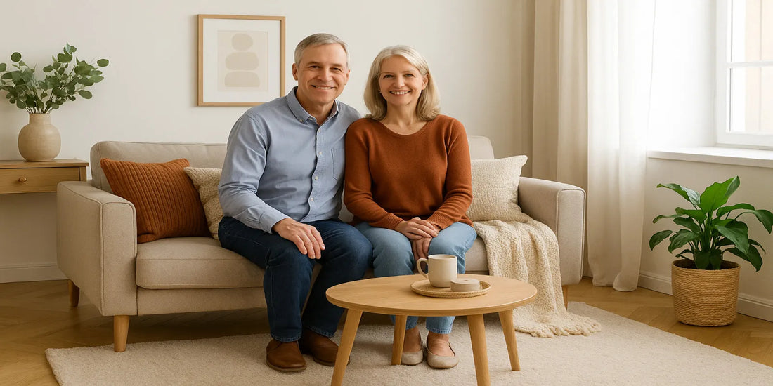 Smiling senior couple in their 50s sitting together on a beige sofa in a cozy living room with warm lighting and indoor plants.