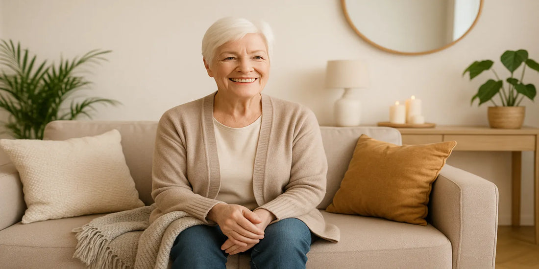 Smiling elderly woman sitting on a beige sofa in a cozy living room with pillows, plants, candles, and warm natural light.