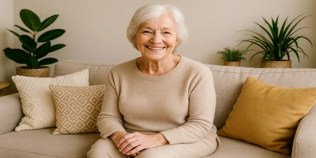 A smiling elderly woman with white hair sits on a beige sofa, surrounded by cozy pillows and indoor plants in a warm living room.