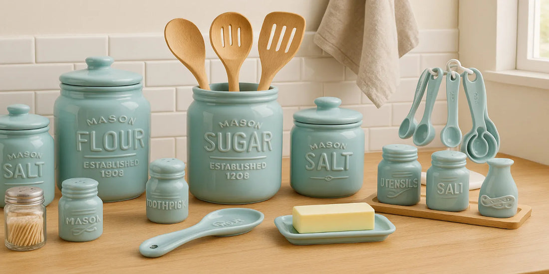 A vintage-style 17-piece mason jar ceramic kitchen set in pastel blue is arranged on a wooden counter, including canisters, utensils, and butter dish.