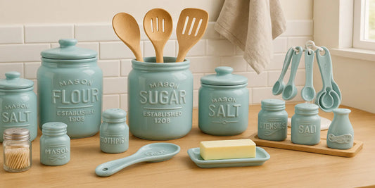 A vintage-style 17-piece mason jar ceramic kitchen set in pastel blue is arranged on a wooden counter, including canisters, utensils, and butter dish.
