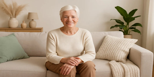 Smiling senior woman sitting on a cozy beige sofa with pillows, blanket, and plants in a bright, senior-friendly living room.