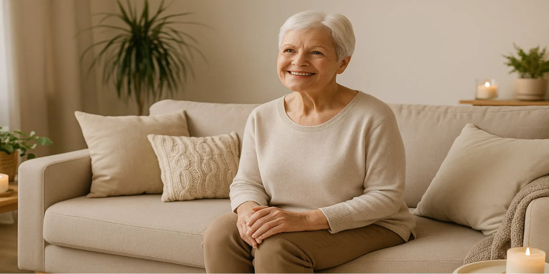 Smiling elderly woman with short white hair sitting on a beige sofa, surrounded by cozy pillows, candles, and plants in warm lighting.