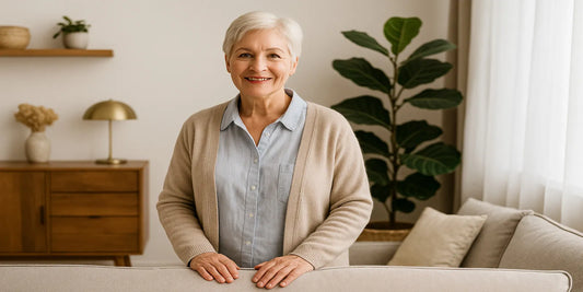 A middle-aged senior woman smiles warmly while standing in a cozy living room with beige decor, plants, and soft natural light.
