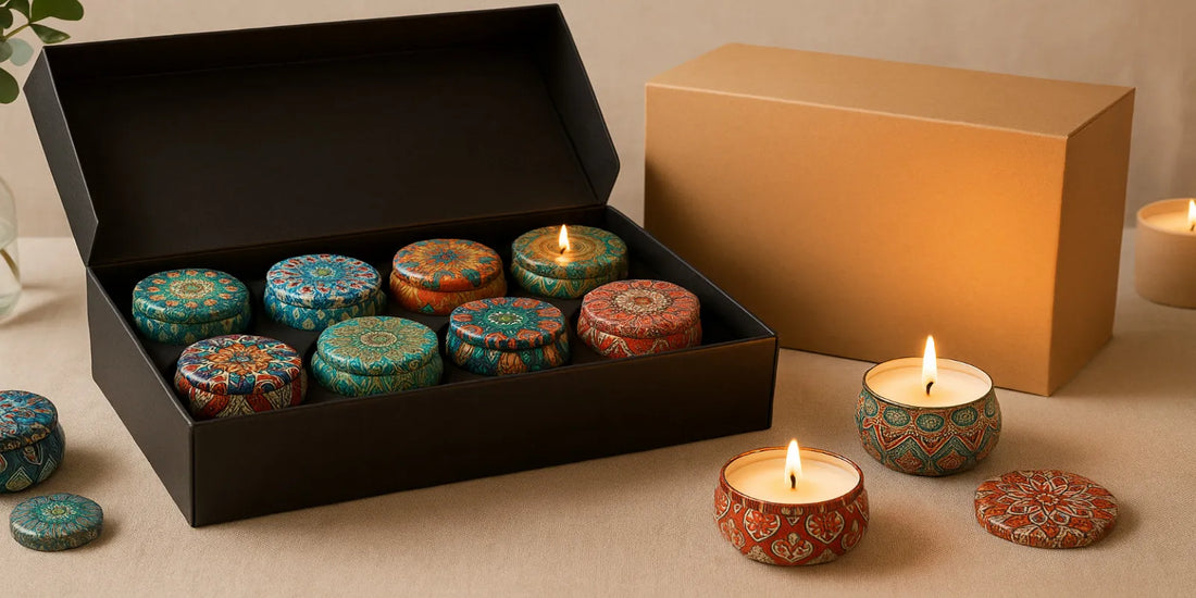 A gift set of 12 scented candles in colorful patterned tins, neatly arranged in a black box with some candles lit, creating a cozy ambiance.