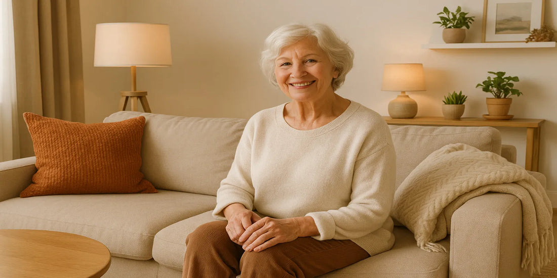 Smiling senior woman sitting on a beige sofa in a cozy living room with warm lighting, plants, and stylish home decor accents.