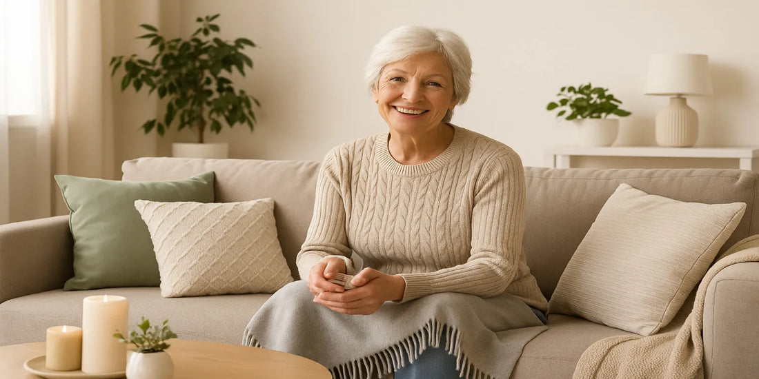 Smiling elderly woman sitting on a beige sofa with cozy pillows and blanket, surrounded by candles and plants in a bright living room.