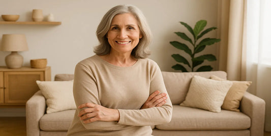 A smiling middle-aged woman with silver hair sits in a cozy beige living room with a sofa, pillows, and indoor plants.