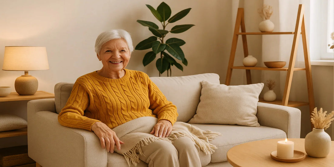 Smiling senior woman sitting on a beige sofa in a cozy living room with warm decor, plants, and soft natural lighting.