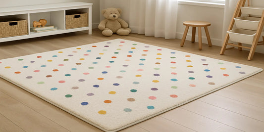 Soft and colorful kids playroom rug with multicolored dots, placed in a cozy play space with toys and natural light filtering in.