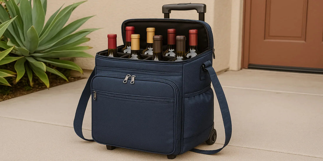 Navy blue rolling wine cooler bag holding six bottles, with wheels, handle, and side strap, designed for safe and stylish wine travel.