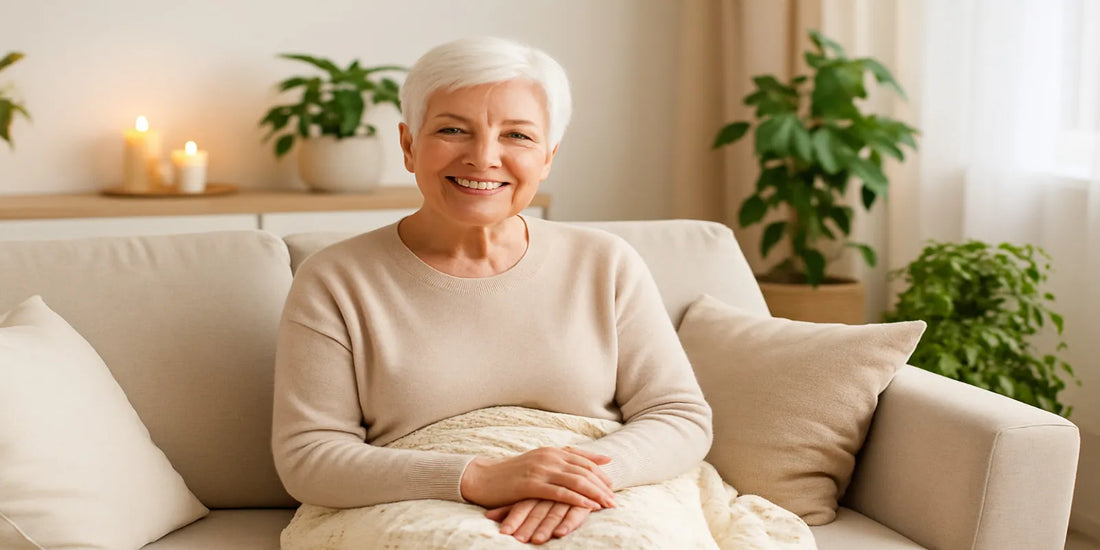 Smiling elderly woman sitting on a beige sofa with cozy pillows and blanket, surrounded by plants and candles in a bright living room.