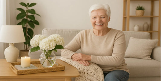 Smiling senior woman sitting in a cozy living room with soft lighting, flowers, candle, and comfortable furniture creating a safe and warm space.