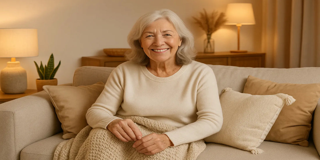 Smiling senior woman sitting on a beige sofa with pillows and blanket, surrounded by warm lighting, plants, and cozy home decor.