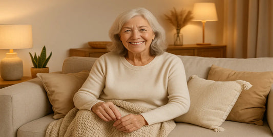 Smiling senior woman sitting on a beige sofa with pillows and blanket, surrounded by warm lighting, plants, and cozy home decor.