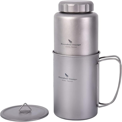 iBasingo 1050ml Titanium Bottle 600ml Nesting Cup Outdoor Camping Single Layer Wide Mouth Cookware Lightweight Portable Bottle Mug Hiking Picnic Solo Cooking Mess Kit