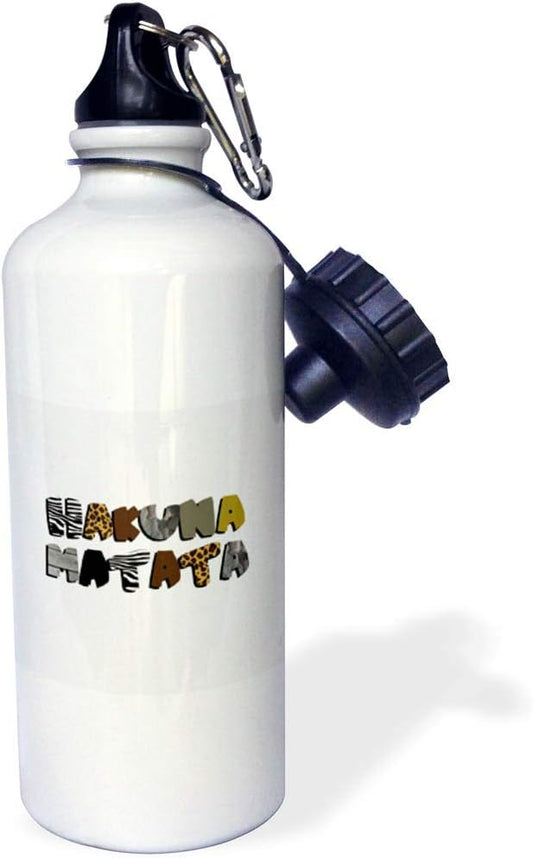 3dRose Hakuna Matata Swahili African Pattern Typography No Worries Zebra Leopard Print Black White Brown Sports Water Bottle, 21 oz, White