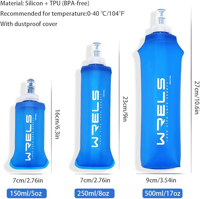 Soft Running Water Flask Soft Flasks Collapsible Soft Water Bottles Small BPA-Free for Sports Hiking Hydration Pack 5oz/8oz/17oz(BLUE,17oz)