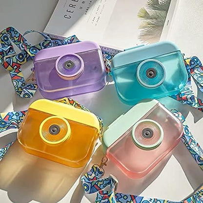 Camera Bottle Travel Cup with Straw Birthday Party Gift Ice Drinking Water Bottle Mug with Strap Picnic (camera yellow, 400 ml)