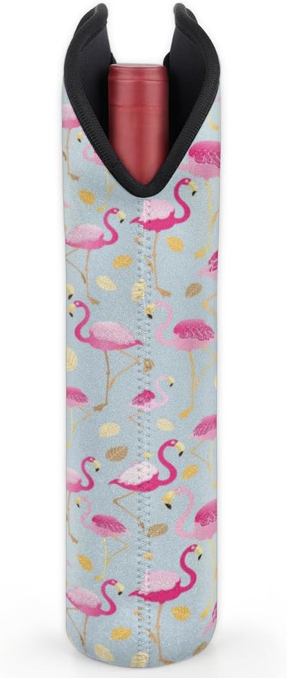 Pink Flamingo 2-Bottle Wine Gift Tote Carrier Gold Leaves Neoprene Wine Tote Bags Holder Cooler Wine Gift for Women Men